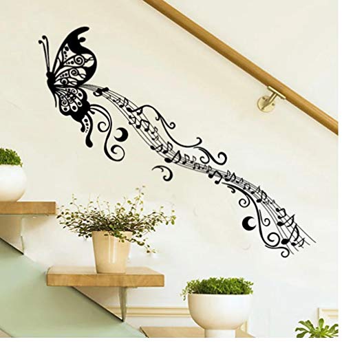 Música negra mariposa decoración de la pared Stave Note pegatinas de pared PVC calcomanías de pared/vinilo adhesivo decoración del hogar para habitación de niños extraíble