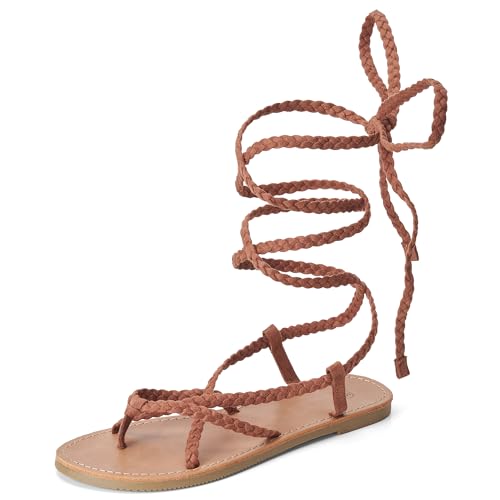 Trary Womens Lace Up Sandals Flat Strappy Gladiator Braided
