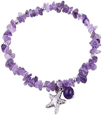REEBOOOR Starfish Ankle Bracelet Amethyst Healing Stone Stretch Anklet Bracelet Chakra Beach Foot Jewelry for Women Girl (Amethyst with Starfish)
