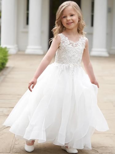 Flower Girl Dress with Waterfall Skirt&Lace Appliques First Communion Dress Girls Pageant Party Ball Gowns T0332