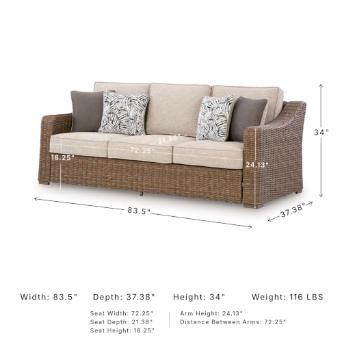 Image of Signature Design by Ashley Carmel Bay Outdoor Sofa, Handwoven Resin Wicker Patio Couch, Rust-Resistant Aluminum Frame, 3-Seater for Backyard or Sunroom, Beige, 84 inch W