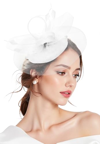 Zando 2026 Fascinators Hats for Women Ken-tucky Derby Flower Tea Hat 20s Mesh Feathers Headband Hair Clip for Wedding Cocktail Vintage Pillbox Church Hat Headwear White Fascinator Headband One Size