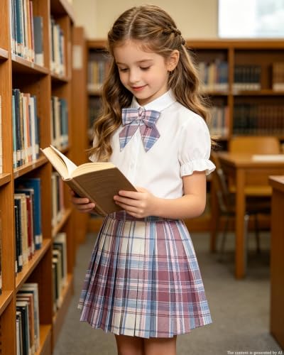 Image of Betusline Girls Skirt Set JK School Uniform 2-Piece Outfit - Short Sleeve Shirt with Bow & Pleated Skirt 4T-14Y