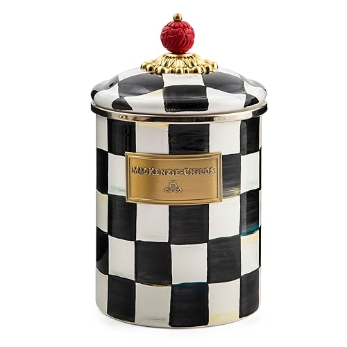 MACKENZIE-CHILDS Medium Enamel Canister, Kitchen Storage Container for Flour and Sugar, 1.42 Liters, Black-and-White Courtly Check