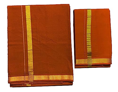 Image of PRAKASAM COTTON Mens Colour Jari Cotton dhoti and Angavastram Set (1.30X2.00 Meter Dhoti, 36X1.80 towel)