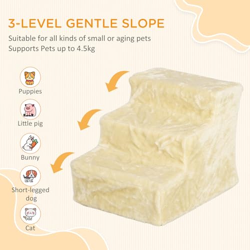 PawHut Dog Steps for Sofa, 3 Steps Dog Stairs, Pet Stairs, with Washable Plush Cover, for Small Breeds, Cats - Beige - Image 5