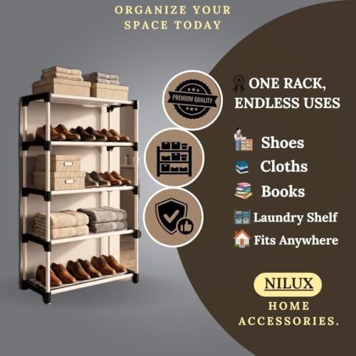 Image of NILUX Space-Saving Adjustable Storage Rack for Home and Office Use with Strong Plastic Shelves for Books and Accessories (White, Medium, 5)