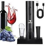 SANMAS Juego de abridor de vino eléctrico recargable, sacacorchos automático 5 en 1 con cortador de papel de aluminio y aireador de vino, 2 tapones de vacío, cable tipo C y soporte, kit completo de