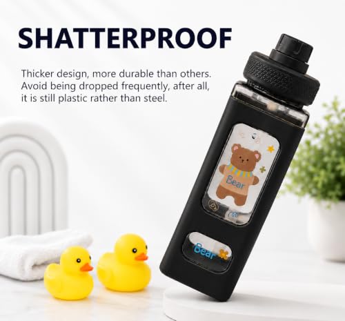 Image of Kawaii Water Bottle for Girls with Straw & Movable Handle | Cute Plastic Bottle with 2D & 3D Stickers | Stylish School & Travel Bottle for Kids (750 ml) (Black)