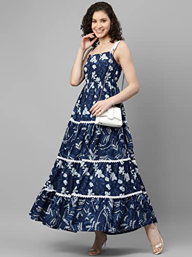Image of DEEBACO Women's Color Block Print Cotton Maxi Length Tiered Dress for Women|One Piece Straps Shoulder Sleeveless Casual Western Fit and Flared Dresses for Ladies Wear Outfits (DBDR00000714B White)