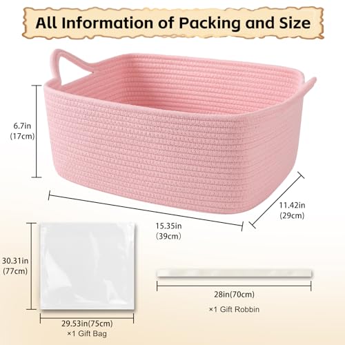 Image of OIAHOMY 19L Woven Basket, Gift Basket Empty with Gift Bags and Ribbons, Rope Baskets for Baby Showers, Storage Baskets with Handles for Nursery, Pet Toy Organizer - Pink