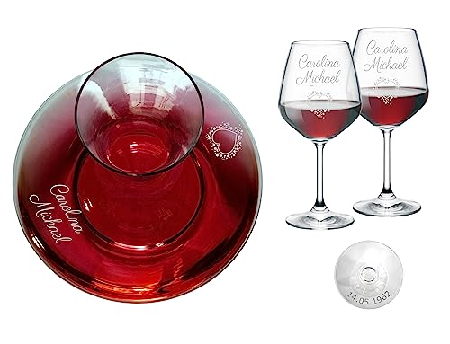 MASTERLASER3.0 Set 6 Bicchieri Vino e Decanter Personalizzati - Calici Vino Rosso e Caraffa Incisi - Personalizzabili con nomi, iniziali e data. Migliore idea regalo (Set Decanter + 6 calici Rosso)