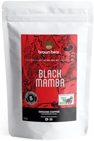 High Caffeine Strong Robusta Strongest Ground Coffee 227g - For French Press Cafetiere Filter Drip V60 Aeropress - Brown Bear Black Mamba Blend - Our Strongest Coffee Ever - Extra Strong Dark Roast