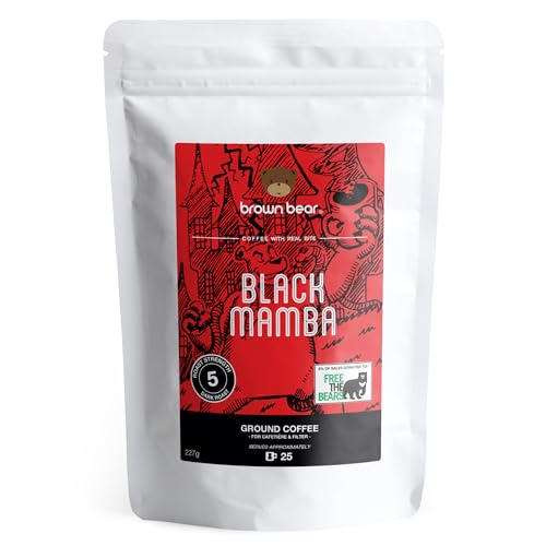 High Caffeine Strong Robusta Strongest Ground Coffee 227g - For French Press Cafetiere Filter Drip V60 Aeropress - Brown Bear Black Mamba Blend - Our Strongest Coffee Ever - Extra Strong Dark Roast