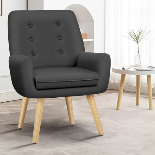 ALFORDSON Wooden Armchair High Back Accent Chair with Armrest & Solid Wood Leg, Linen Fabric Upholstery Lounge Sofa for Reading Bedroom Living Room, 180KG, Dark Grey