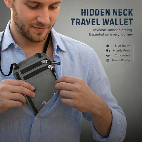 Image of Neck Wallet for Travel & Passport Holder with RFID Blocking - Slim & Easy to Conceal Nylon Travel Pouch for men & women - Holds Phone, Cash, Cards, Keys - Sweat & Water Resistant - Large - Light Grey