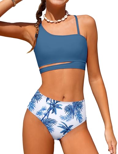 Queenstyle Mädchen-Badeanzüge, Bikini-Set für Kinder, mit Aussparungen, Bikinioberteil, zweiteilige Badebekleidung für Mädchen, Marineblau, 13-14 Jahre