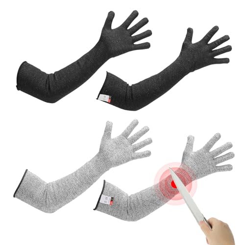 QUARKZMAN Maniche Antitaglio Con Guanti, 60cm Di Protezione Per Braccia HPPE Per Lavoro In Agricoltura Giardinaggio Cucina Saldatura Agricoltura, Nero-Grigio, Coppia Di 2