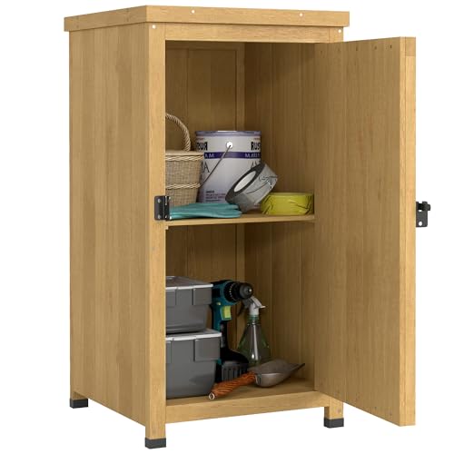 Caseta de jardín de madera Outsunny, caseta para guardar herramientas de jardín con techo y estante galvanizados, armario de almacenamiento exterior con puerta, marrón claro.