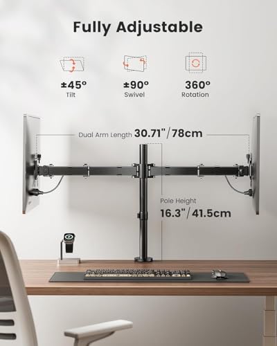 ErGear Monitor Halterung 2 Monitore für 13-32 Zoll Bildschirm, Bildschirmhalterung 2 Monitore Höhenverstellbar Neigbar Schwenkbar Drehungbar, VESA 75/100
