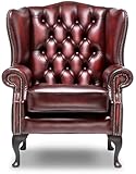 Chesterfield Highback Classic Chair – Antique Red Leather | Handmade Wingback Armchair with Deep Button Tufting, Nailhead Trim & Mahogany Legs - Genuine Leather (Antique Oxblood Red)