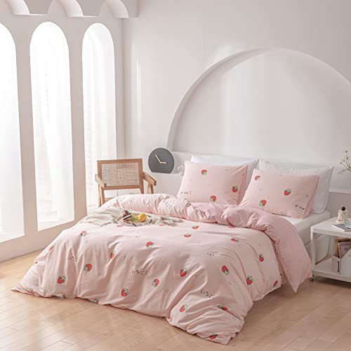 Pink Strawberry Bedding Duvet Cover Queen Kids Girl Kawaii Anime Bedding Set Japanese Style Strawberry Comforter Cover For Child Teen Women Cartoon Strawberry Duvet Cover With 2 Pillowcases #TOP2
