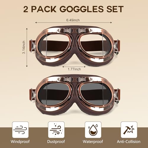 MUJG Motorcycle Goggles 2 Pack Vintage Pilot Aviator Cruiser Scooter Helmet Goggle ATV Dirt Bike Off Road Motorcross Eyewear (Brown Clear+ Brown Smoke)