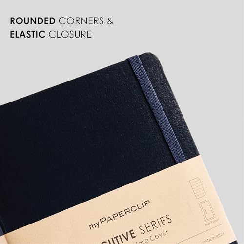 Image of myPAPERCLIP Executive Series A5 Ruled Notebook | 192 Pages, 80 GSM, Hard Cover, A5 (5 .83 x 8.27 in) | Flat Lay | Bookmark, Elastic Closure & Back Pocket | Blue