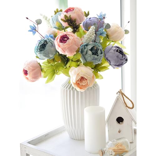 Image of FiveSeasonStuff Vintage Artificial Peonies Silk Peony Flowers and Hydrangeas for Wedding Bridal Home Decor - Beautiful Floral Centerpiece Arrangement with 2 Bouquets (Tranquil Blue and Pink Mix)