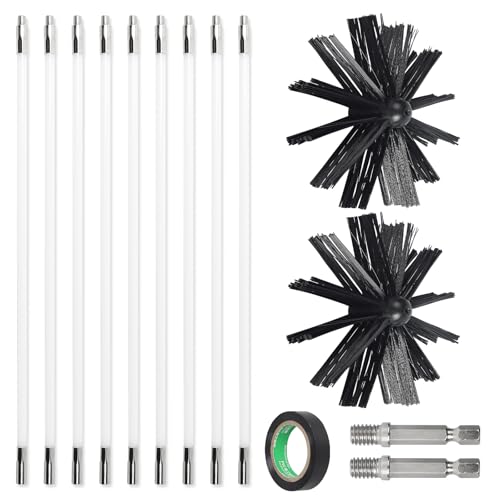 EFUTURETIME 3.6m Cepillo de Chimenea Kit, Deshollinador Cepillo Nylon Ø150 mm con 9 Varilla Flexible 410mm, Se Puede Utilizar con Destornillador para Chimenea, Conducto, Tubo, Secadora