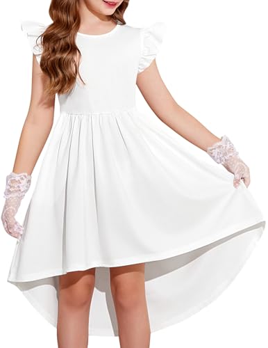 Arshiner Niñas Vestido de Manga Volantes Vestido Verano con Bajo Asimétrico Vestidos de Fiesta Elegante Corte A para Niñas 13 14 Años Blanco