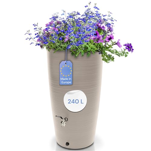 YourCasa Regentonne 240 Liter [Aquasplash] Messing Wasserhahn & Deckel - Regenfass Frostsicher aus Kunststoff - Regenwassertonne - Regenwassertank Garten Wassertank Regensammler Wasserfass (Creme)