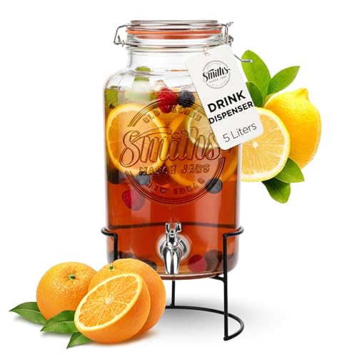 Glass Drink Dispenser with Tap – 5L Mason Jar Beverage Container with Stainless Steel Spigot – Water Dispenser with Tap for Juice, Iced Tea, Cocktail, Picnic, BBQ, Parties, Counter