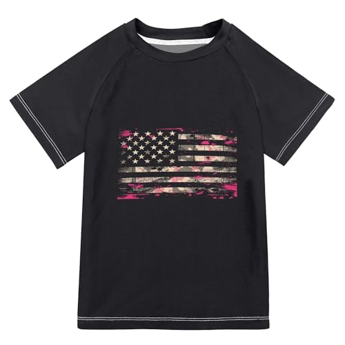 Camou Distressed Pink American Flag Kids Bathing Suit UV Protection Workout Shirts Swimwear Beach Tops 3T