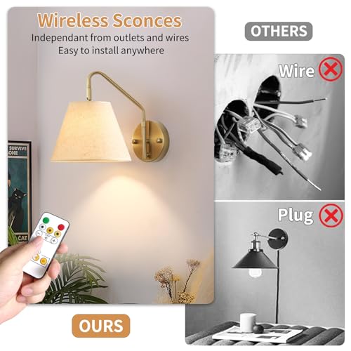 Image of Gold Wireless Wall Sconces Set of Two, Swing Arm Battery Wall Sconce, Battery Operated Wall Sconce with Remote, Battery Sconces with Linen Lampshade, Rechargeable Wall Lights for Living Room