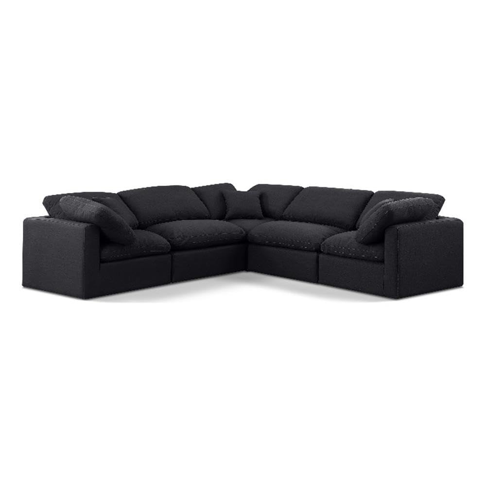Meridian Furniture 141Black-Sec5C Indulge Collection Modern | Contemporary Modular Sectional with Rich Black Linen Textured Fabric, Down Feather Cushions, Modular, 105" W x 105" D x 32" H, Black