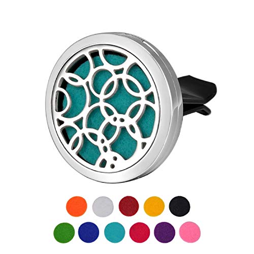 HOUSWEETY Car Air Freshener Aromatherapy Essential Oil Diffuser - Hollow Circle Stainless Steel Locket,11 Refill Pads (with Gift Bag)