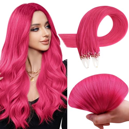 RUNATURE Micro Pink Hair Extensions Human Hair Hot Pink Micro Ring Extensions Pink Micro Loop Hair Extensions Human Hair 20 Inch 25 Gram