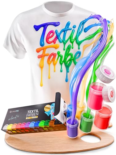 CreaTek Textilfarbe waschmaschinenfest 12 intensive Farben je 25ml + 2 Pinsel - echte Stoffmalfarben waschfest bis 40 °C - Stofffarben ideal für helle T-Shirts, Schuhe, Taschen - Fabric Paint Set
