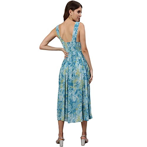Image of Ishin Women's Midi Georgette Printed Bohemian Blue Fit and Flare Dress