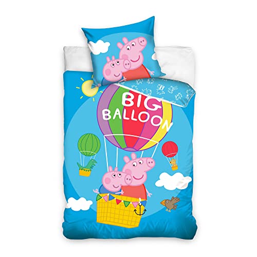 Parure de lit Peppa Pig - Housse de Couette et taie d'oreiller 100% Coton Big Balloon Fluorescente 140x200 cm + taie d’Oreiller 65x65 cm Cover