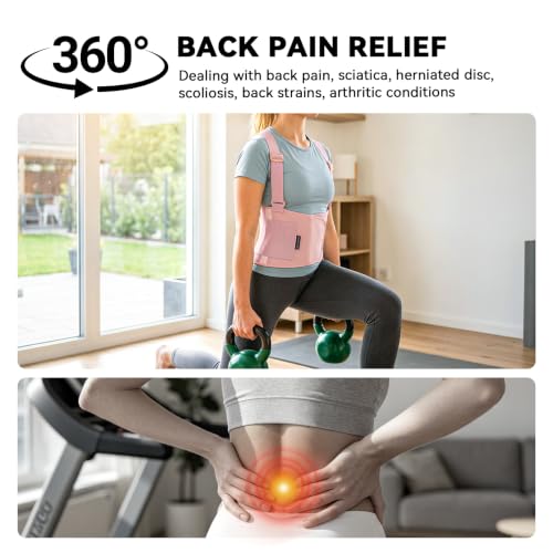 Image of Work Back Brace for Men & Women, Adjustable Lower Back Support Belt for Sciatica, Herniated Disc, Pain Relief, Moving Construction Warehouse Heavy Lifting Safety & Protection (Pink, Large)
