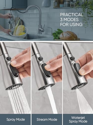 Cobbe Kitchen Faucet Head Replacement, Pull Down Spray Head for Kitchen Sink Faucet, 3 Function Kitchen Sink Sprayer Replacement with 12 Faucet Adapter, American Standard, Brushed Nickel - Thumbnail 2