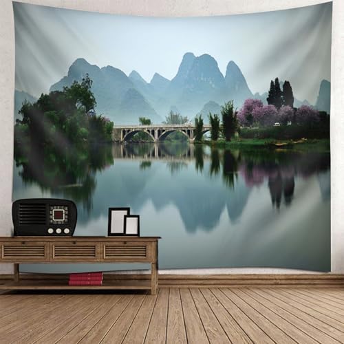 Tapisserie murale paysage montagnes lac arbres en tissu 300x256 cm pour décoration de chambre