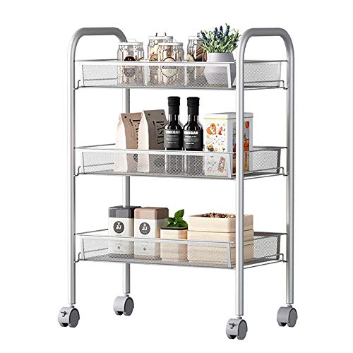 Multi-purpose Use Durable 3-Tier Metal Mesh Rolling Storage Cart With Utility Handle Wheels Storage Cart For Kitchen Bathroom (Color : Silver, Size : 46x27x63cm)