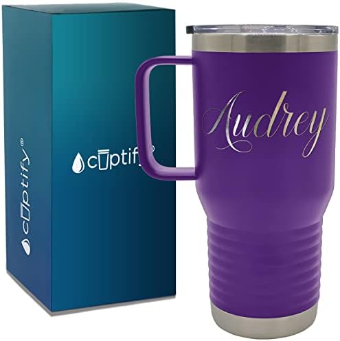 Personalized Travel Mug with Handle and Name Purple Matte Finish Custom Laser Engraved 20 oz Stainless Steel Vacuum Insulated Coffee Cup with Lid
