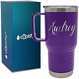 Personalized Travel Mug with Handle and Name Purple Matte Finish Custom Laser Engraved 20 oz Stainle