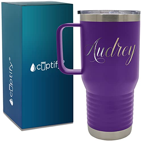 Personalized Travel Mug With Handle And Name Purple Matte Finish Custom Laser Engraved 20 Oz Stainless Steel Vacuum Insulated Coffee Cup With Lid #TOP2