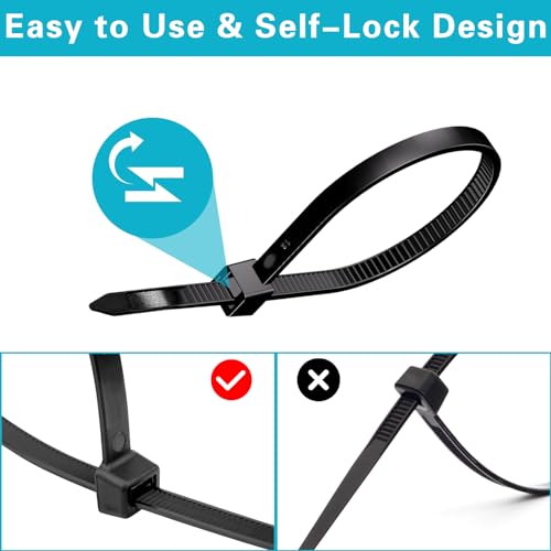 Zip Ties 8 inch Heavy Duty Zip Ties with 120 Pounds Tensile Strength, Black Cable Ties for Multi-Purpose Use, Self-Locking UV Resistant Nylon, 100 Pcs