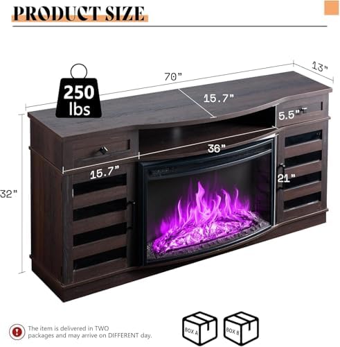 AMERLIFE 70" Farmhouse Fireplace TV Stand with 36'' Curved Electric Fireplace, LED Media Console with 2 Drawers & Adjustable Shelves, Fits 80'' TVs, Espresso - Thumbnail 5